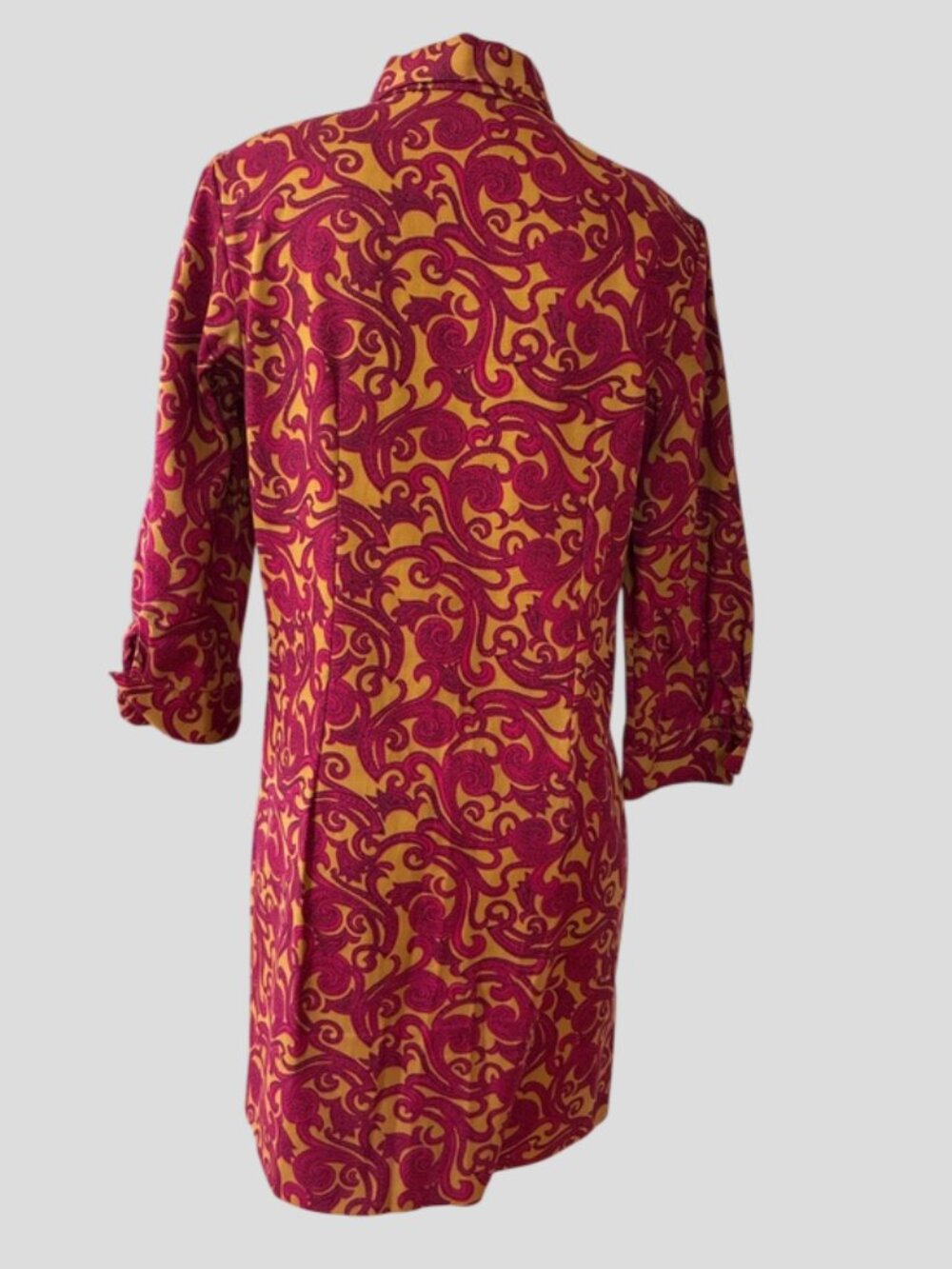 1960's Style Hand Made Maroon & Gold Abstract Swirl Shirt Dress - Picture 2 of 13